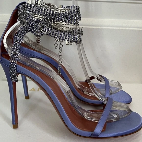 Amina Muaddi Giorgia Tanzanite Satin Crystal Ankle Wrap Sandals Pumps Heels - Picture 3 of 9